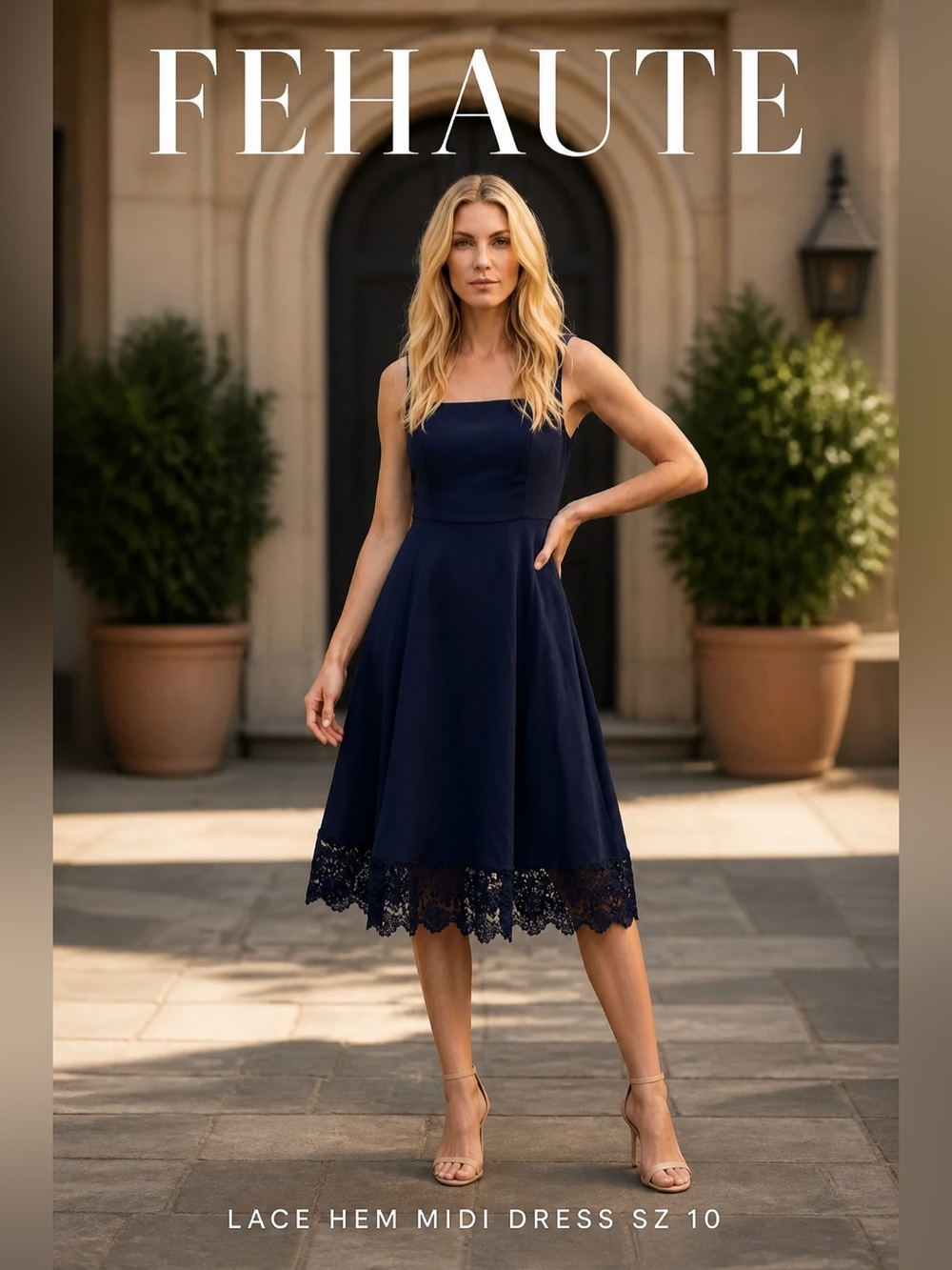 NWT Fehaute Navy blue Lace Hem square neck Midi Dress sz 10